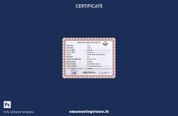 Modello PSD del certificato di morte del documento di stato civile del Qatar in 